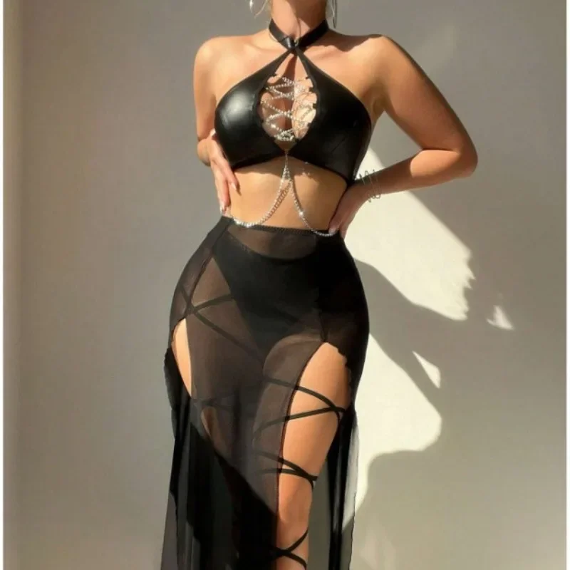 

Women's Patent Leather Sexy Mesh Jumpsuit 2 Pieces Hollow Out Leather Outfit Lace Up Cross Bra Black Slit Skirt Lingerie Sets
