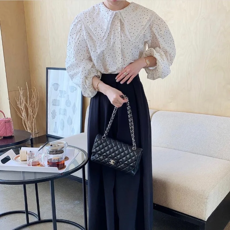 Wiosna Lato Damskie 100% Bawełna Kropki Słodka Bluzka Kołnierzyk Piotruś Pan Koronkowe Patchworkowe Koszule Damskie Topy 2025