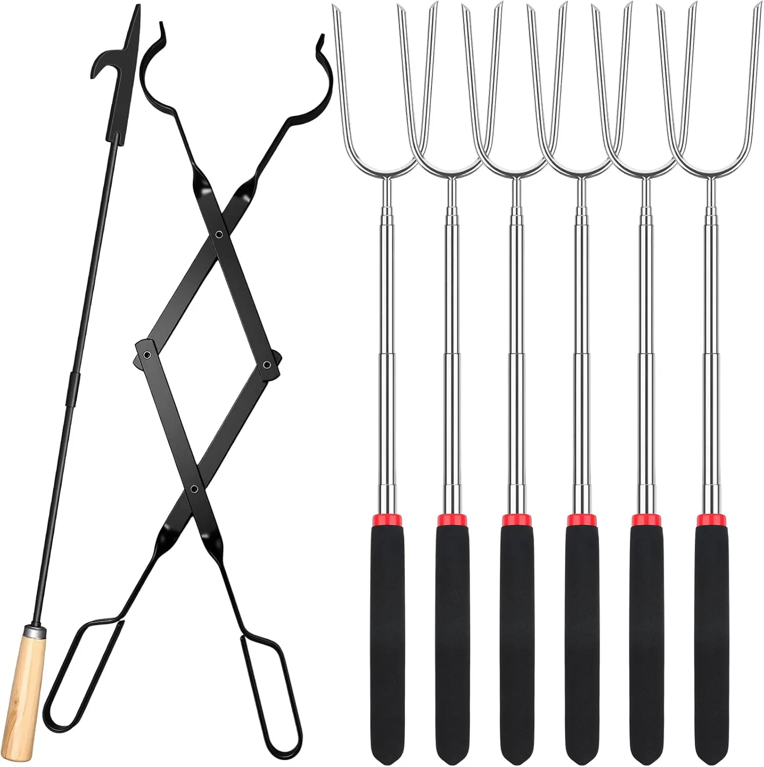 

8 Pcs Campfire Fire Pit Accessories Include 6 Pcs 25" Smores Sticks for Fire Pit 32" Campfire Poker 25" Fireplace Tong,