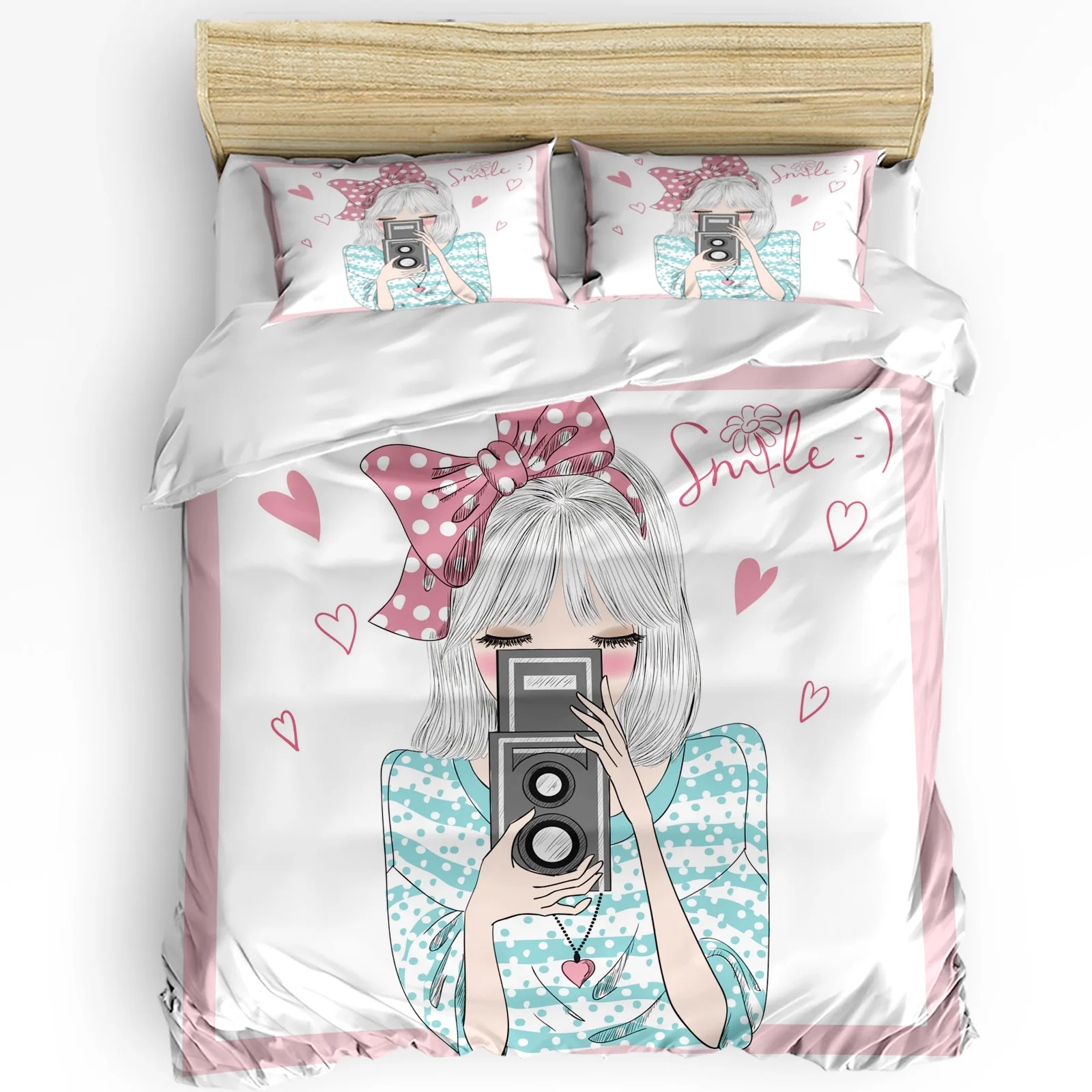 

Girl Pink Bow Camera Bedding Set 3pcs Boys Girls Duvet Cover Pillowcase Kids Adult Quilt Cover Double Bed Set Home Textile