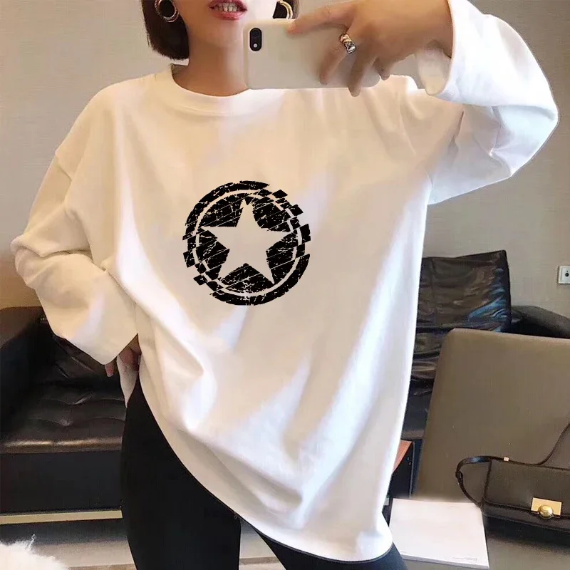 

Women Clothing Casual Loose Cotton Pullover Fashion Y2k Printed Basic T-shirt Spring Autumn O-neck Long Sleeve Vintage Tops