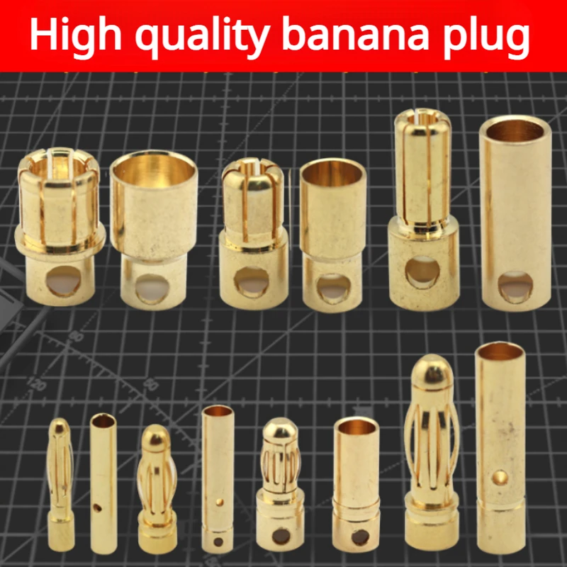 High-quality Golden Plated Banana Connectors for RC Models, Available in 2.0mm, 3.0mm, 3.5mm, 4.0mm, 5.5mm, 6.0mm and 8.0mm