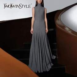TWOTWINSTYLE Solid Backless Slimming Dress For Women Stand Collar Sleeveless High Waist Patchwork Folds Chic Dresses Female New