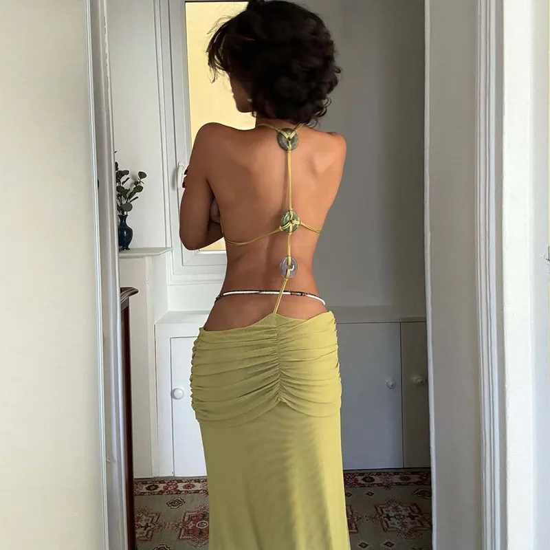 Solid color halter maxi dress - draped side panel detail