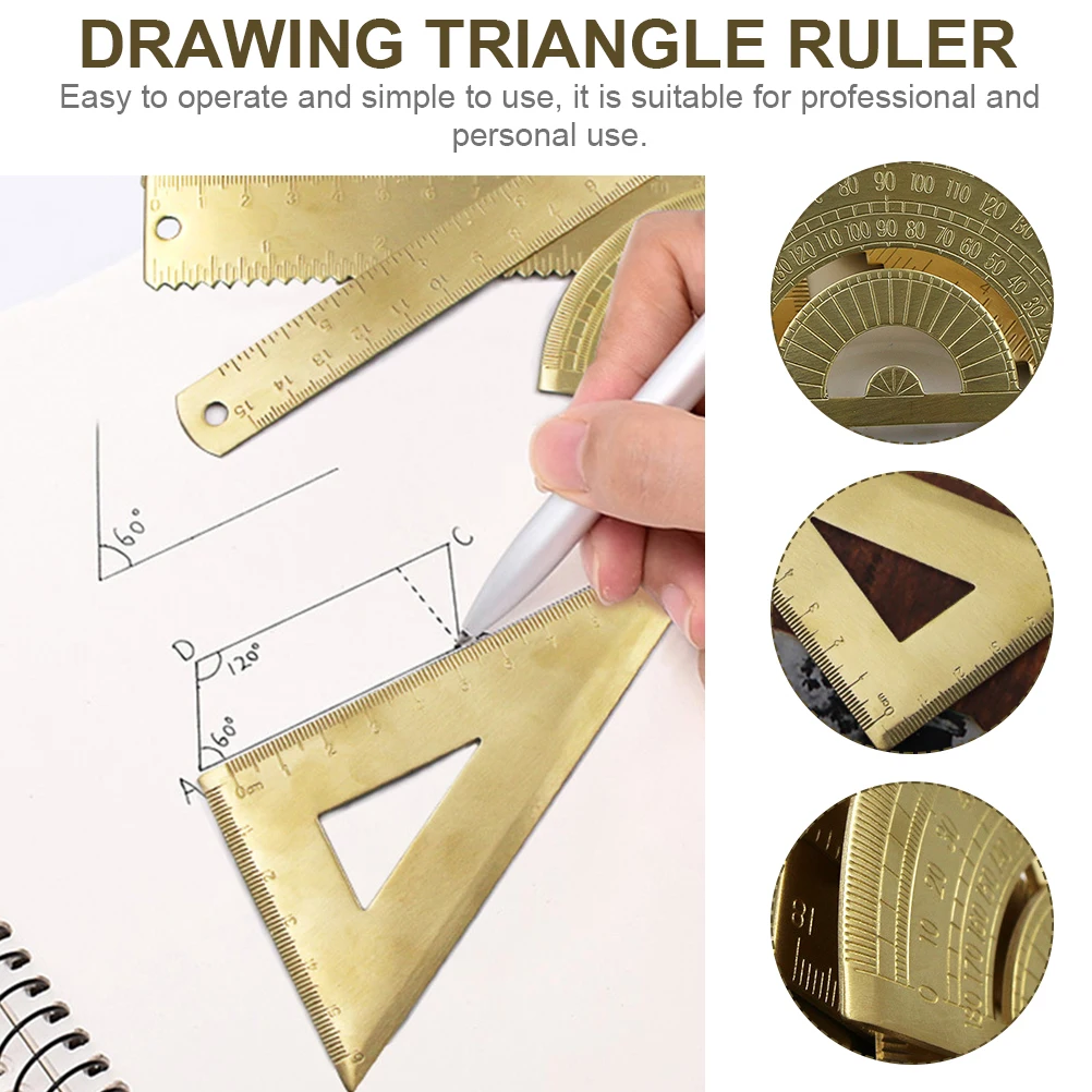 1 set Triangle Ruler Brass Protractor Geometry Measuring Tool Drawing Ruler Engineering Copper Scale Portable for Work