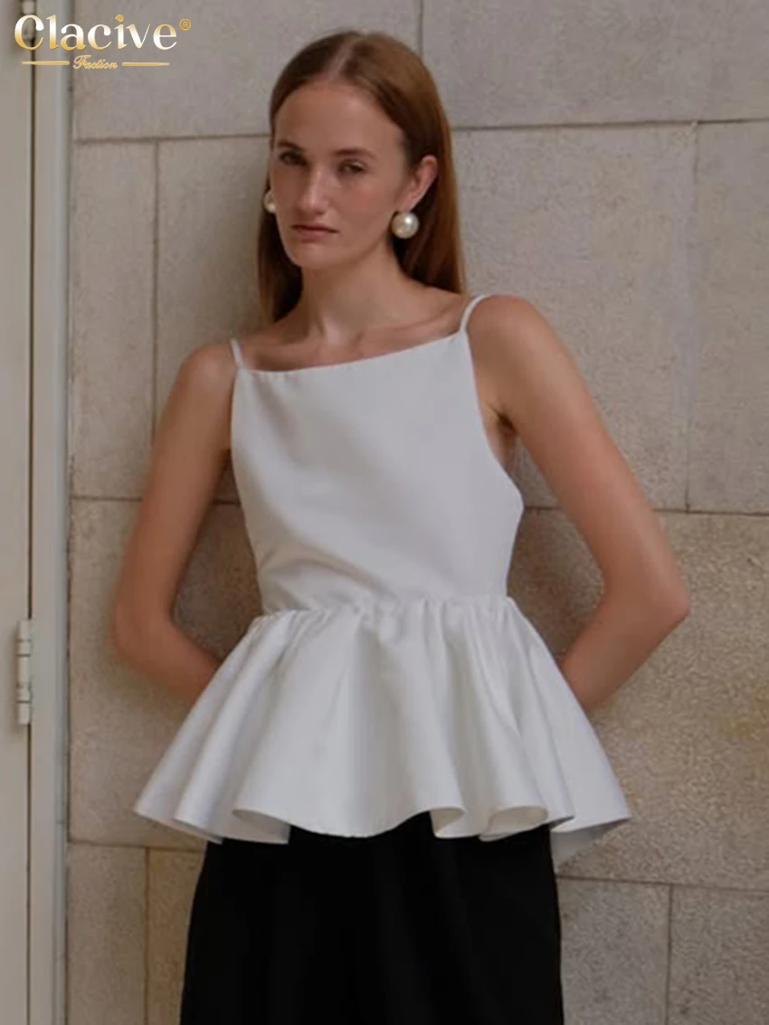 

Clacive Summer Loose White Women's Tank Top Sexy Square Collar Sleeveless Vest Elegant Pleated Backless Top Female Clothing