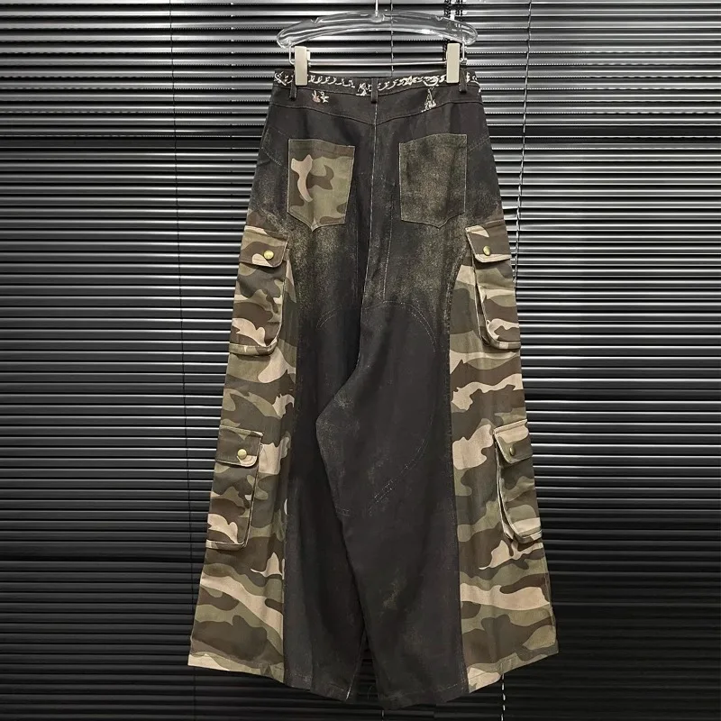 KBQ Hit Color Print Camouflage Vintage Loose Pants For Women High Waist Spliced Pockets Chicwide Leg Pants Female Fashion New