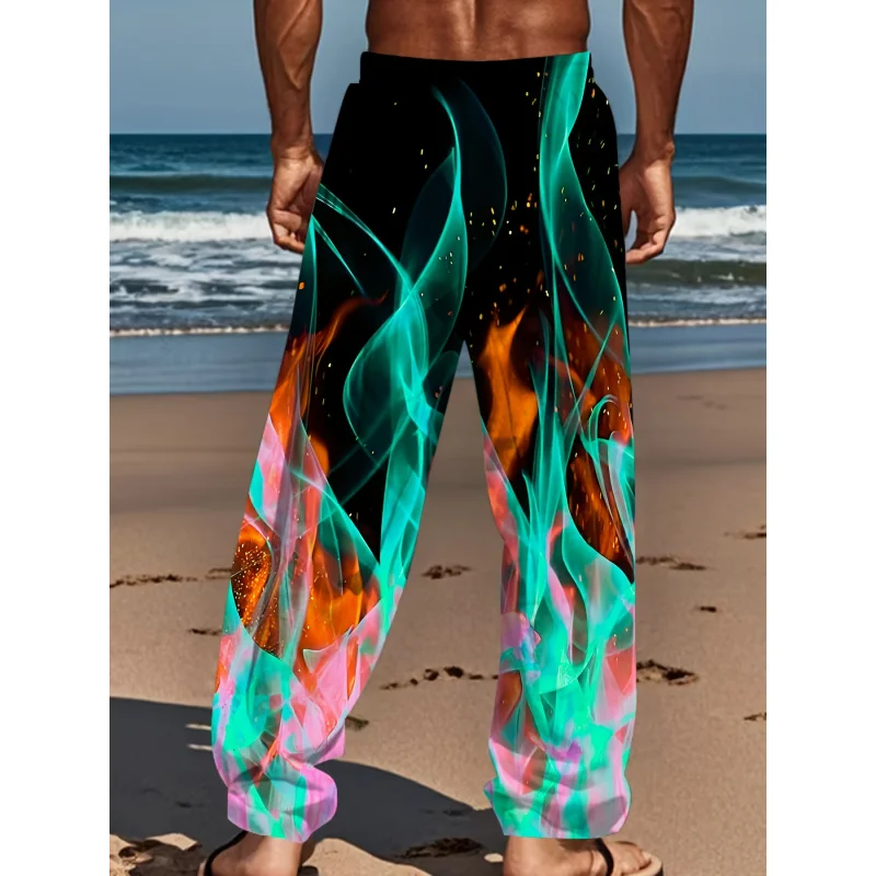 Mens Drawstring Trousers Relaxed Comfortable flame Patterned 3D Print Loose Fit Pants Elastic Waist Casual Summer Daily Wear