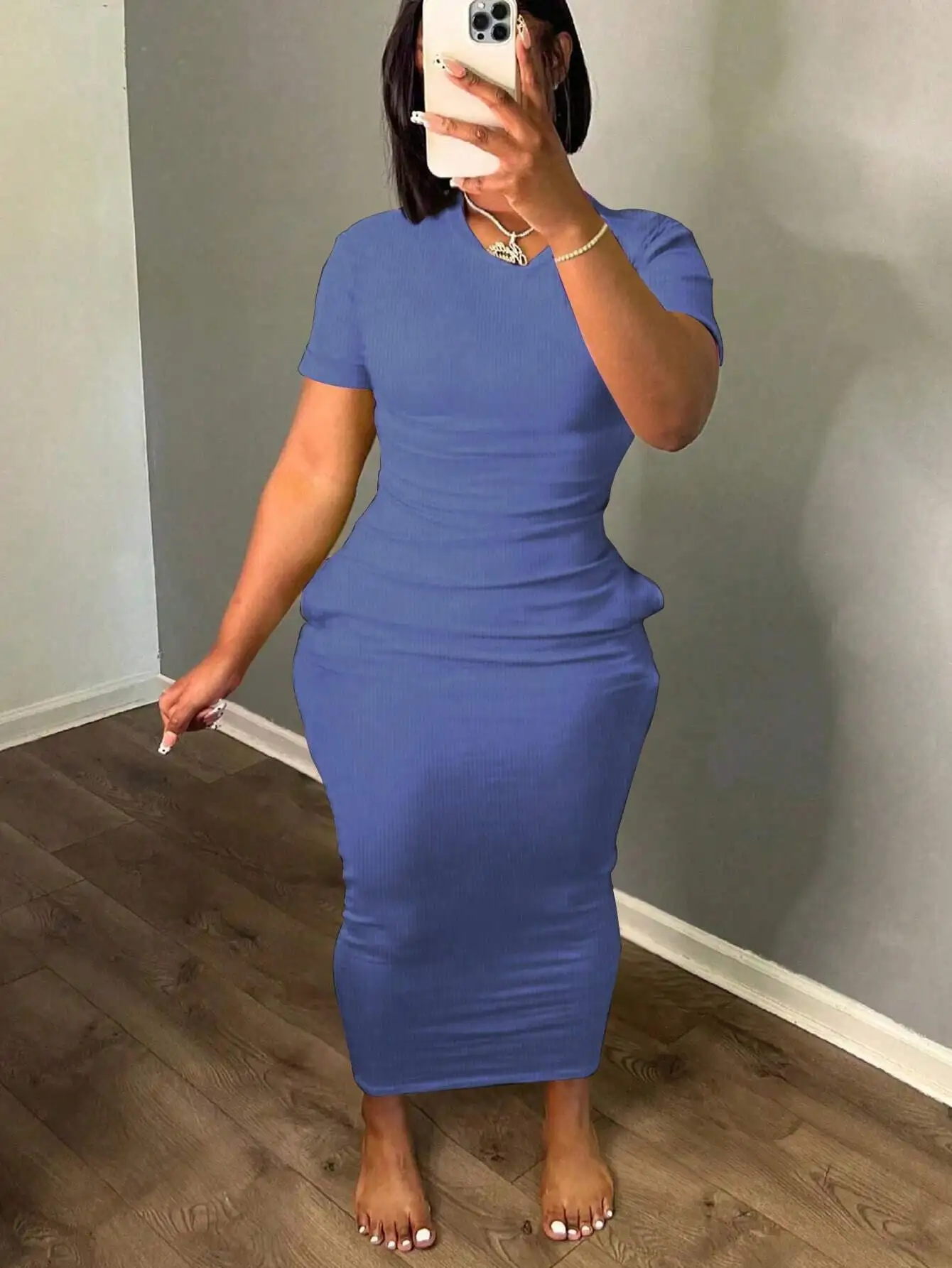 

Летнее платье для женщин больших размеров, однотонное, с круглым вырезом, коротким рукавом, приталенное, с карманами, повседневное.