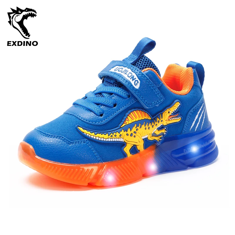 EXDINO Dinosaur LED Children's Shoes for Boys New Little Kids Light Up Outdoor Casual Sports Sneakers Flashing Spinosaurus 26-31