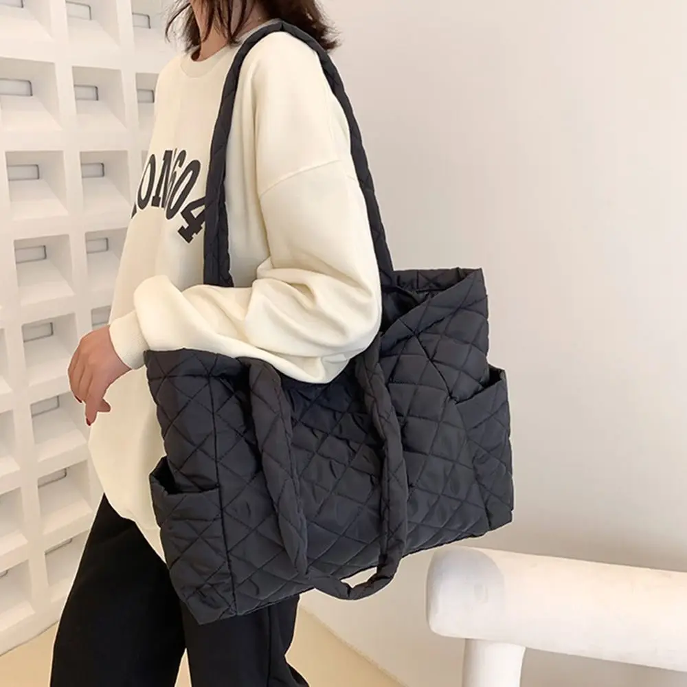 Quilted Plaid Shoulder Bag for Women Girls Puffer Tote Bag Quilted Puffy Handbag Shopper Bag