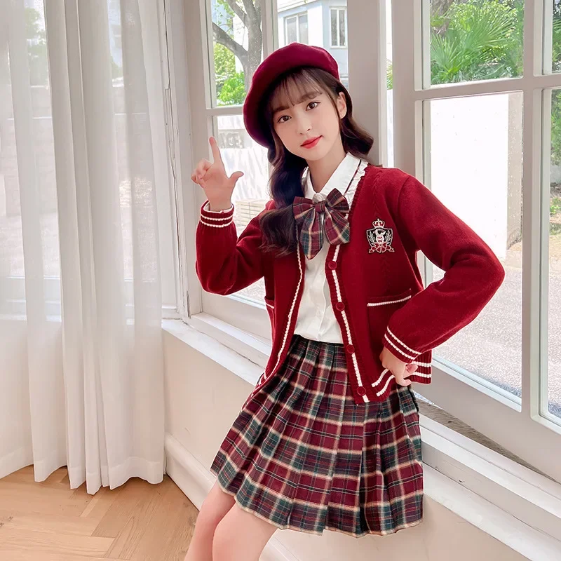 2023 Autumn College Style Set Skirt Children's Sweater Skirt Set Girls JK Uniform Cardigan Plaid Skirt Three Piece Set