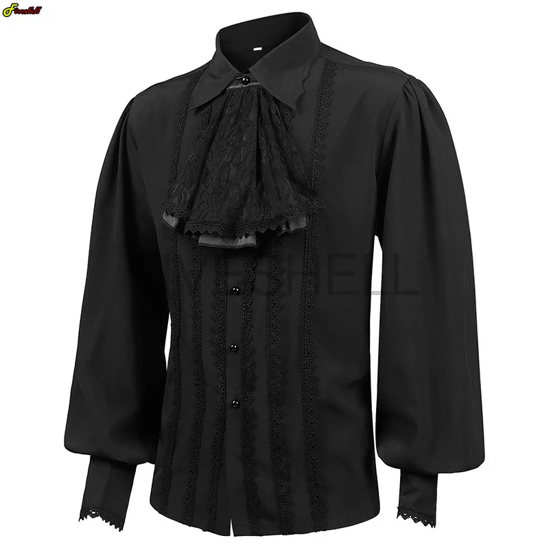 Medieval Men\'s Velvet Ruffle Vintage Shirts Victorian Blouse Long Sleeve Wine Red Lace Trim Steampunk Vampire Halloween Costume