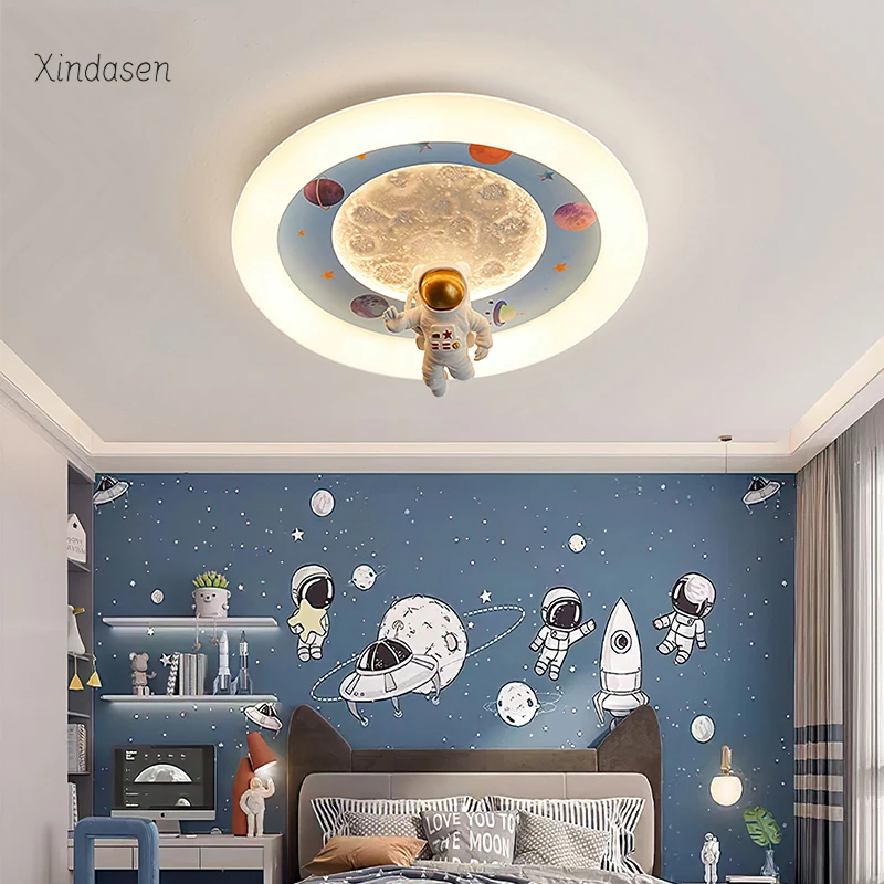 Children's Room Led Ceiling Light Modern Astronaut Space Planet Moon Chandelier Kids Room Boy Bedroom Study Nursery Ceiling Lamp