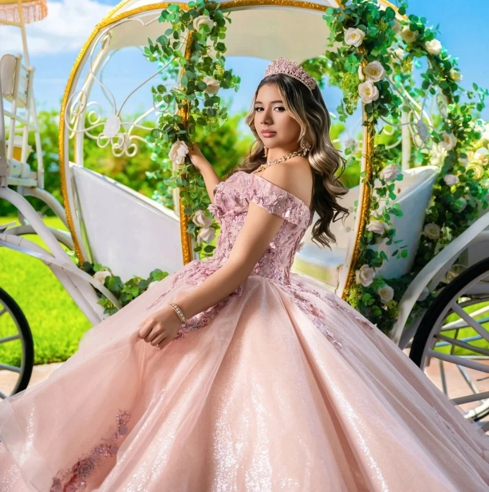 Robes de Quinceanera rose, robe de bal, épaules dénudées, avec des Appliques florales, douces 16, personnalisées, 15 ans