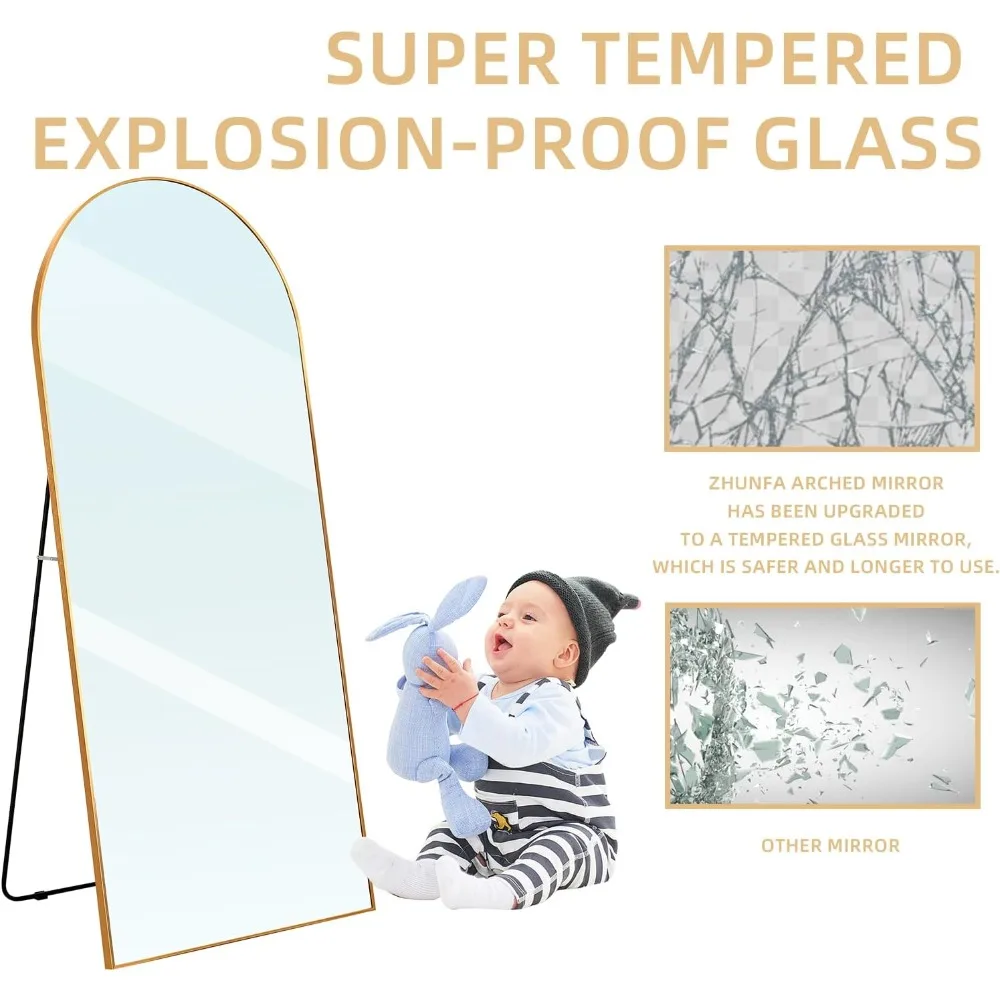 Specchio ad arco a figura intera, specchio da pavimento oversize 71x32 con supporto, specchio dorato a figura intera, specchi da toeletta per tutto il corpo in alluminio