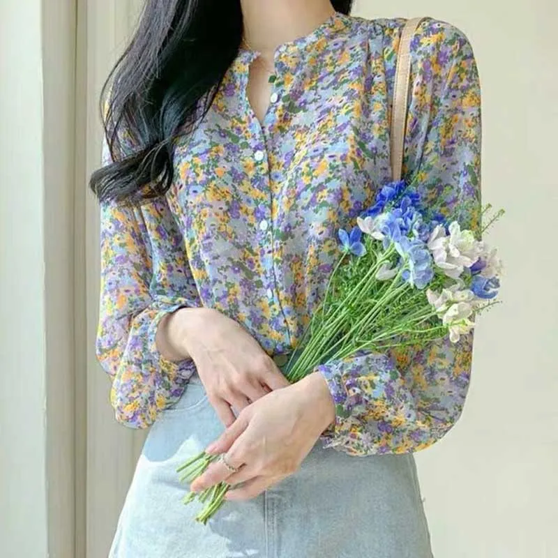 Fashion Stand Collar Printed Button Chiffon Floral Shirts Women\'s Clothing 2024 Spring New Loose All-match Tops Casual Blouses