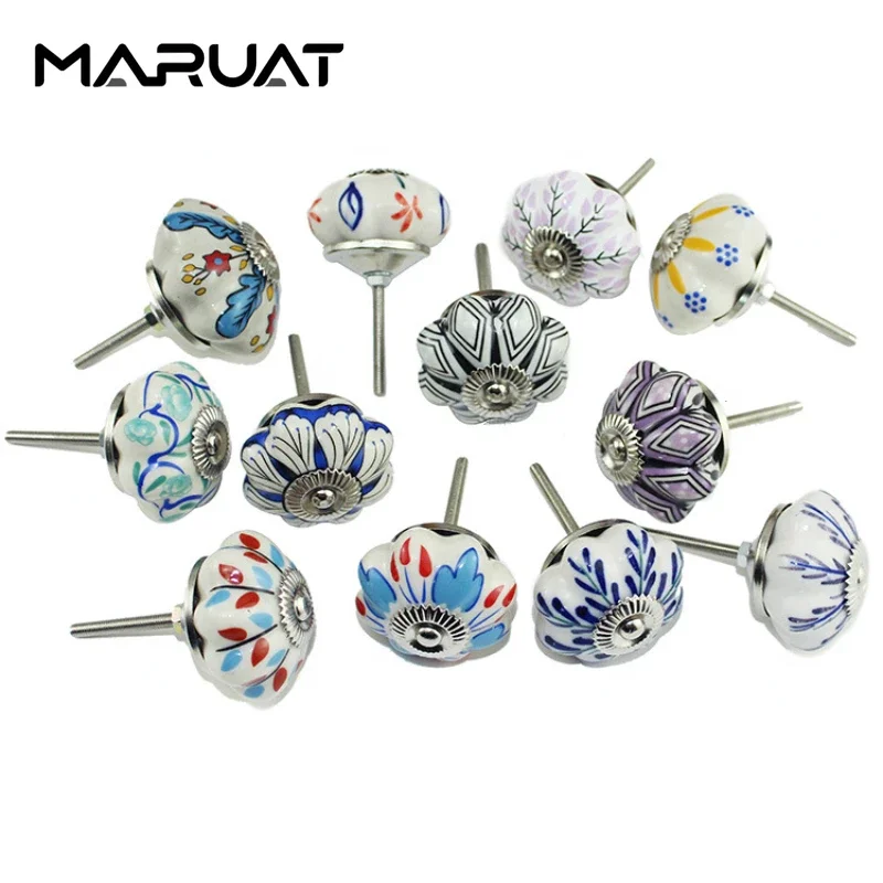 MARUAT Vintage Hand Painted Ceramic Pull Knobs for Kitchen Cabinet Door Drawer Wardrobe Cupboard Furniture Hardware