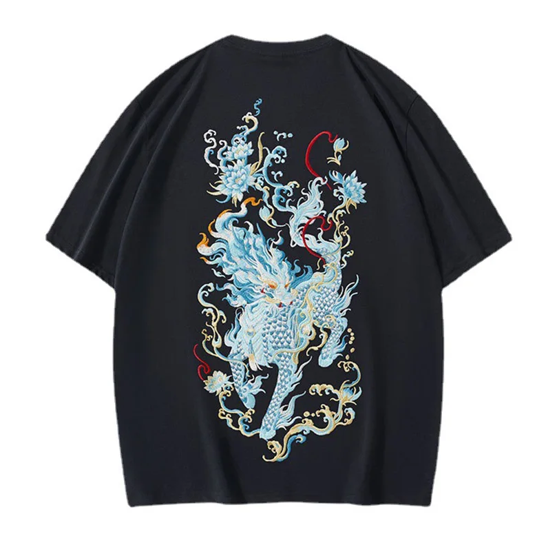 Herren-T-Shirt aus schwerer Baumwolle mit Kirin-Stickerei, locker geschnitten, Übergröße, chinesischer Stil, Kurzarm, Rundhals, lässig, trendig, für Männer A1 – Detail 5