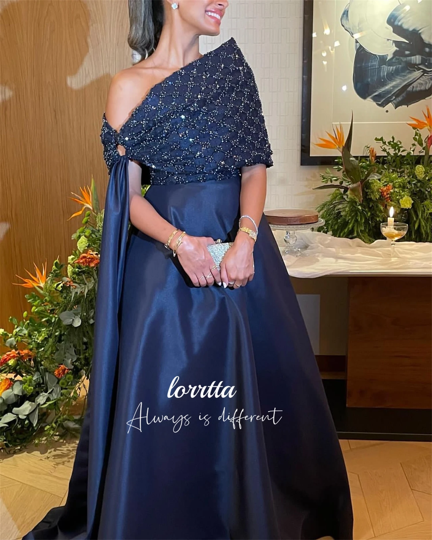 Lorrtta Luxurious Line A Evening Dress Dark Blue Bead Embroidery Fabric Special Occasion Dresses Robes De Cocktail Customized