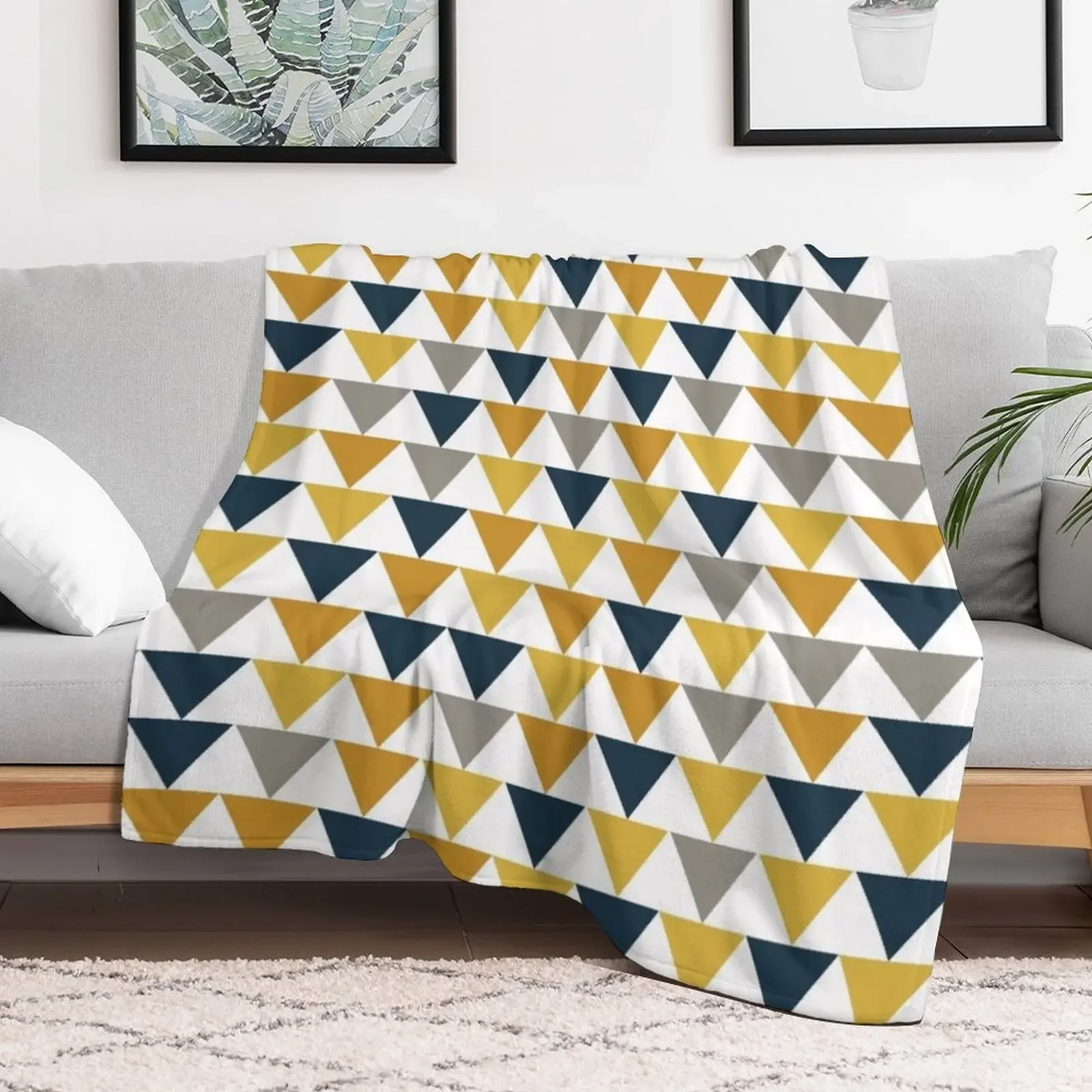 Arrows: Light Mustard Yellow, Dark Mustard Yellow, Dark Blue, Grey, and White Geometric Pattern Throw Blanket