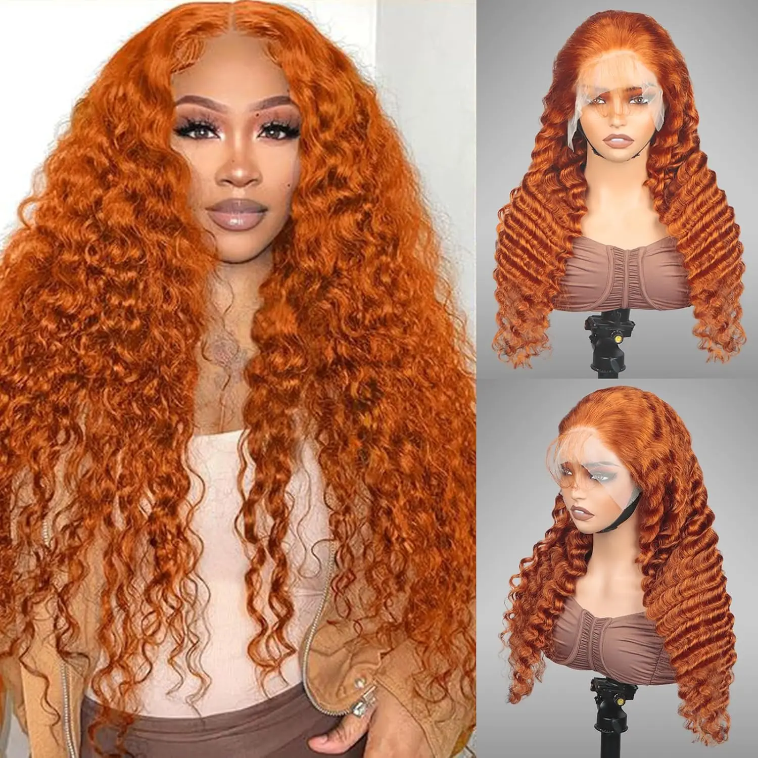 

13x4 Deep Wave Ginger Orange 350 Colored HD Lace Frontal Wig 200 Density Lace Front Wigs Human Hair Transparent Lace