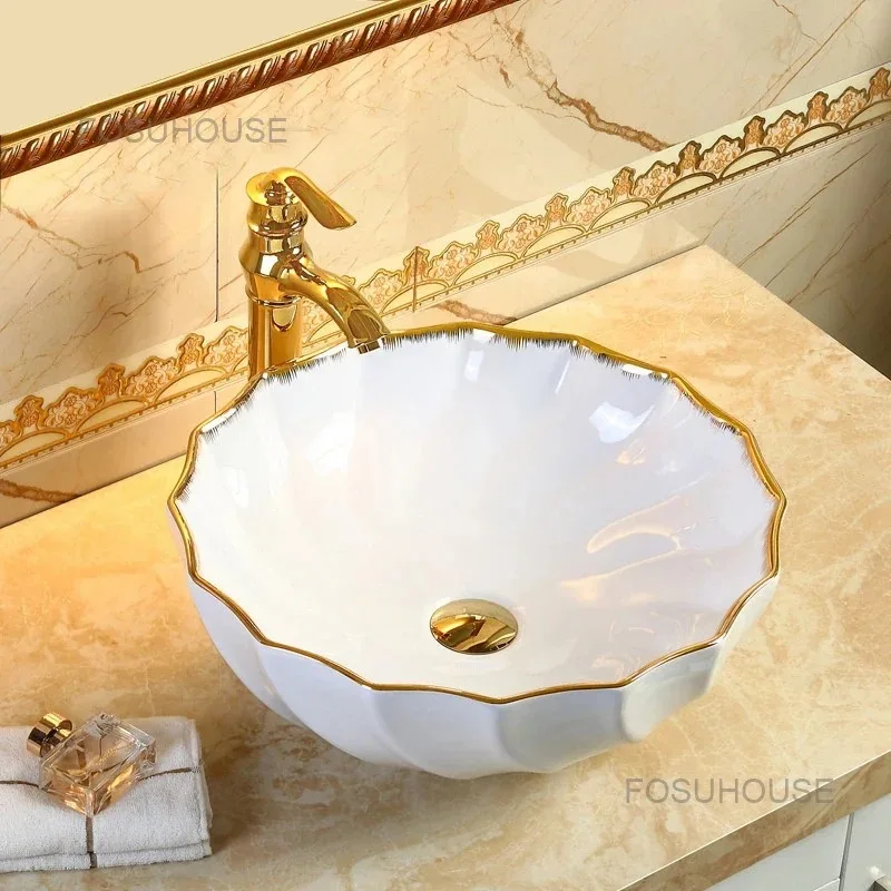 Modern Round Art Basin Ceramic European Bathroom Sinks  Bathroom Gold Table Basin Washbasins Fashion Washing Sinks N