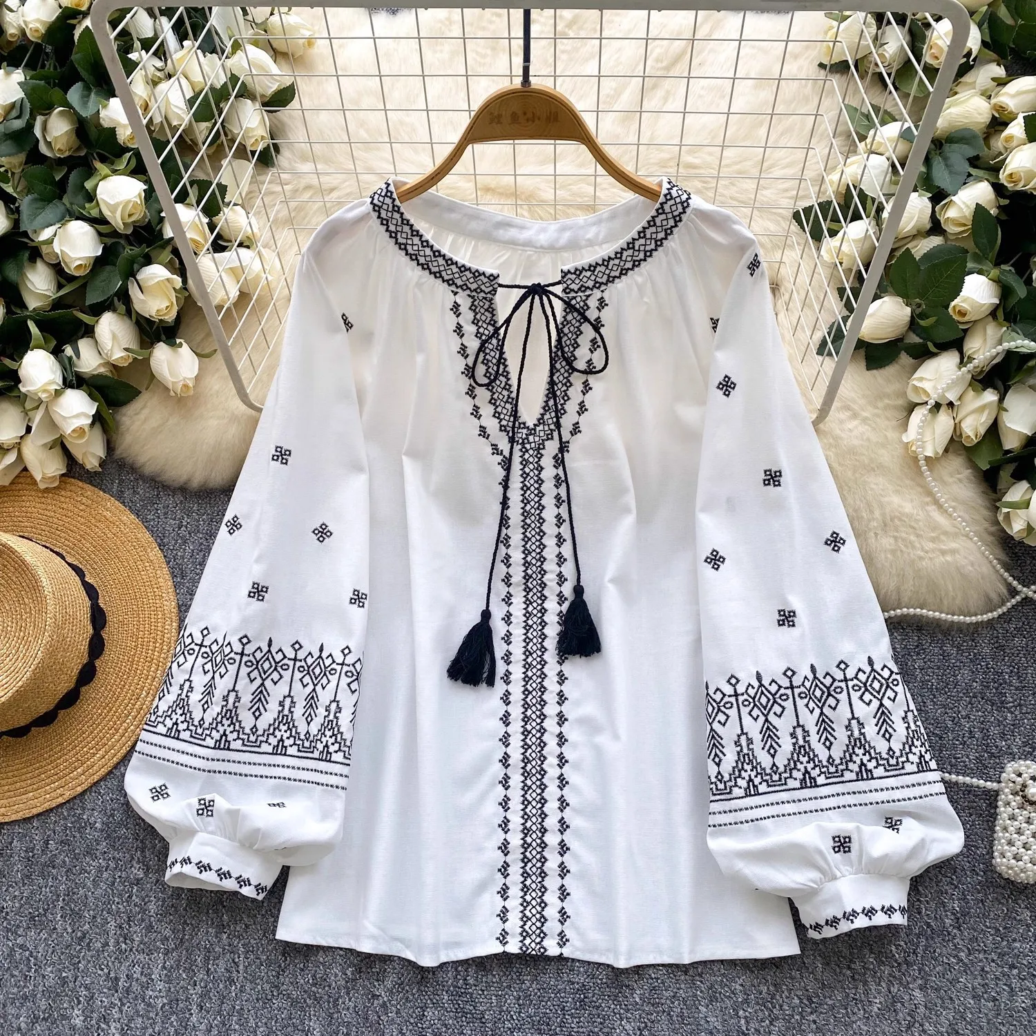 

2026 Holiday Retro Ethnic Style Lantern Sleeve Shirt Blouse Women's Autumn Loose Tie Collar Boho Embroidered Beach Top Blusas