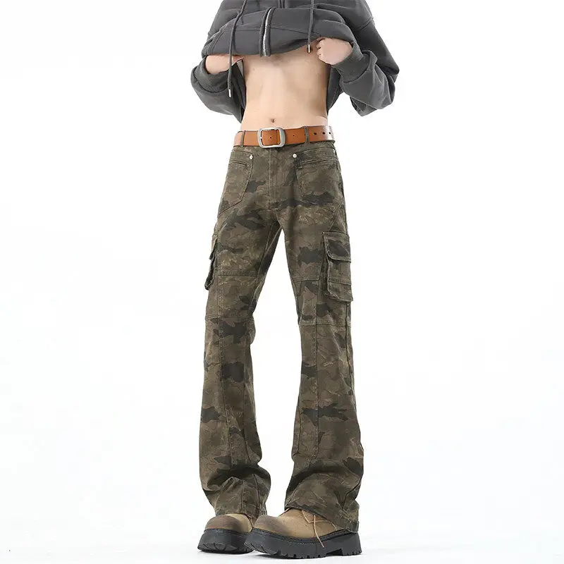アメリカンハイストリートレトロ迷彩パンツメンズスリムフィットマルチポケット作業服パンツ痩身マイクロフレアズボン