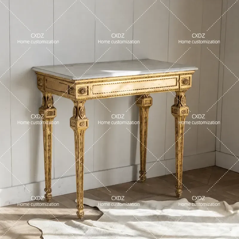 European Classical Entrance Platform Old Gold Wood Carving Rectangle Console Table Vintage Style Foyer Decor