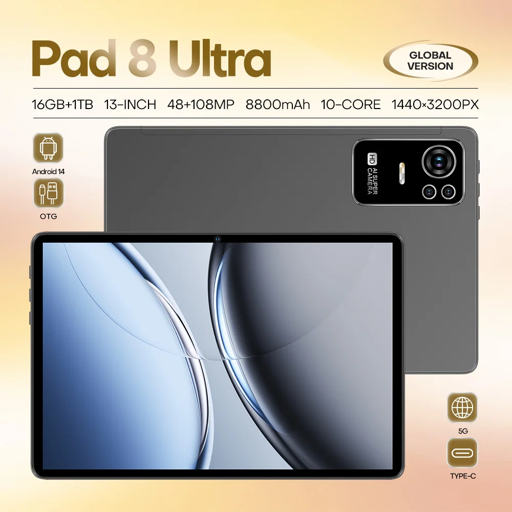 

Original Pad 8 Ultra 13 Inch 16GB RAM 1TB ROM tablet Android 14 Core Pad Tablet PC Phone Dual Wifi tablette android 8800mah