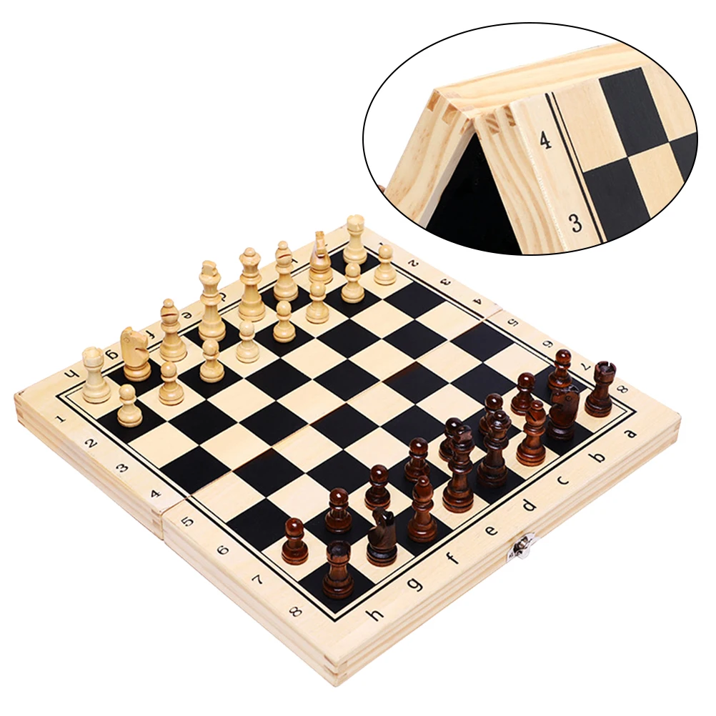 

1 Set Foldable Chess Checkers Set Wooden Case Travel Chess Board Portable Educational Toys for Home Kids Adults (29x29x2