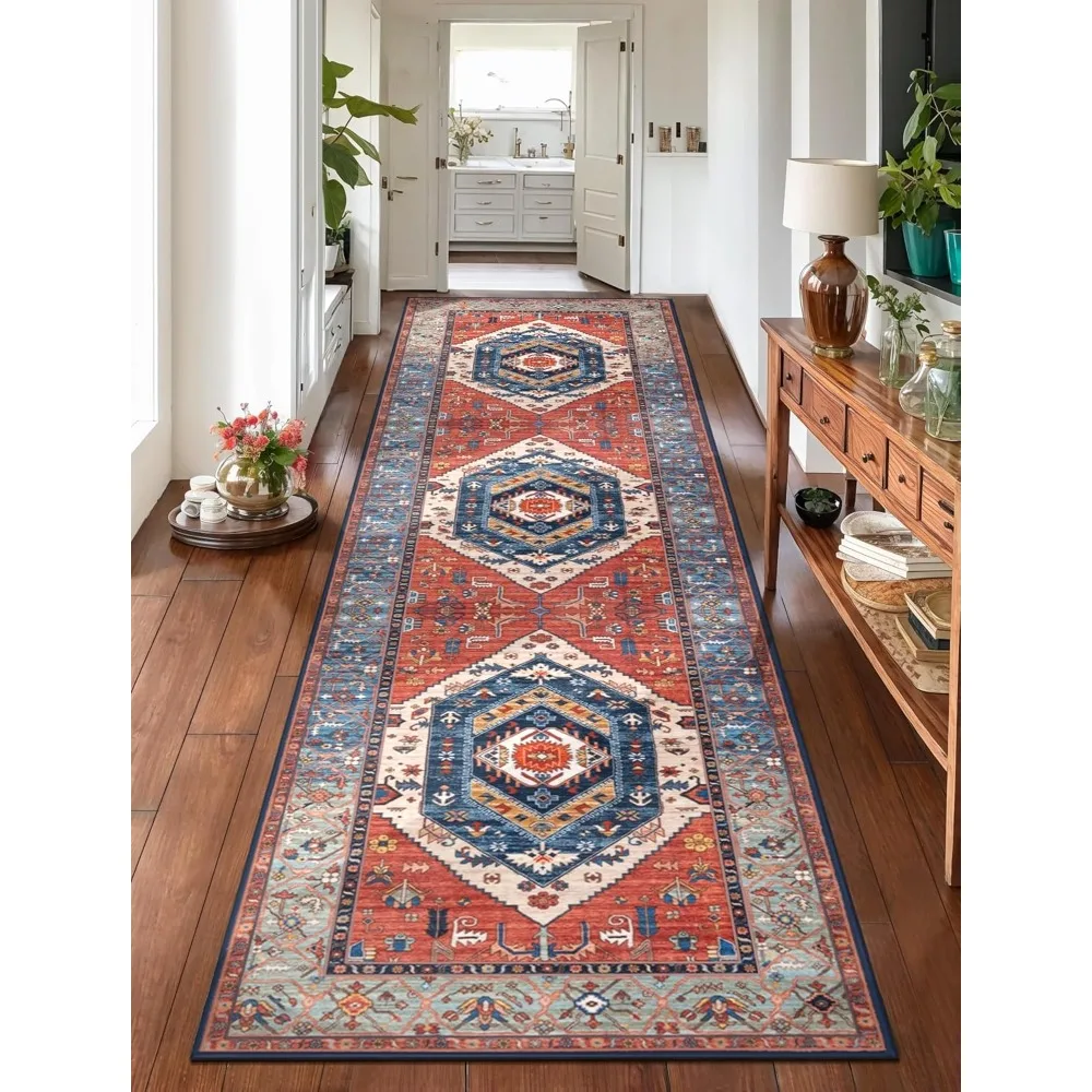 

Washable Non-Slip Kitchen Runner Rug, 2'6 x 10' Long Boho Vintage Rust Hallway Stair Rug