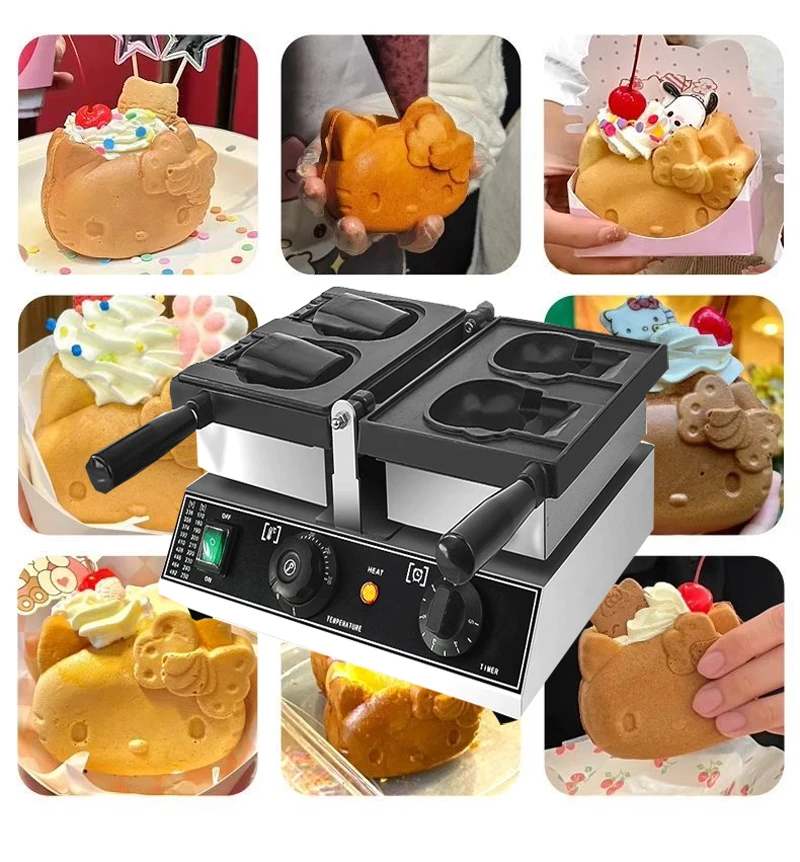 Electric 110v 220v 2 PCS Cute Kitty Shaped Waffle Maker Machine Cute Cartoon Waffle making machine