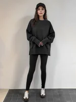 Women's Casual Loose Long Sleeve round Neck Split Top Sweatshirt Set with Tight Pants European & American Style Autumn/Winter - Image 2