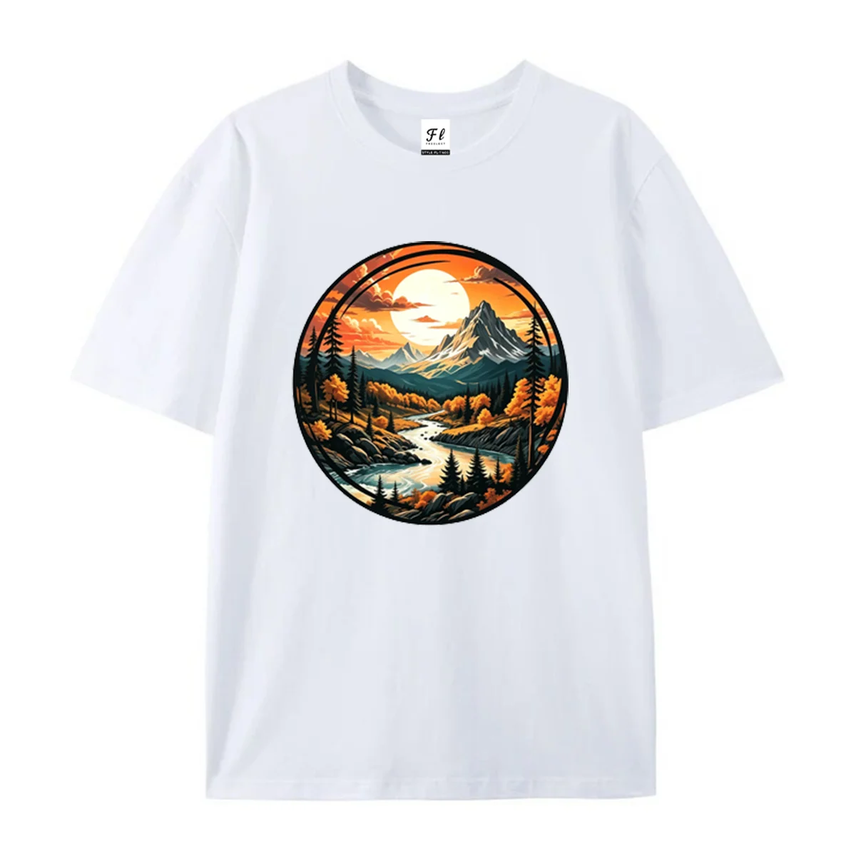 Unisex Short Sleeve T Shirt Autumn Mountain River Full Moon Circle Graphic Tee Outdoor Camping Nature Scenery Casual Summer Tops