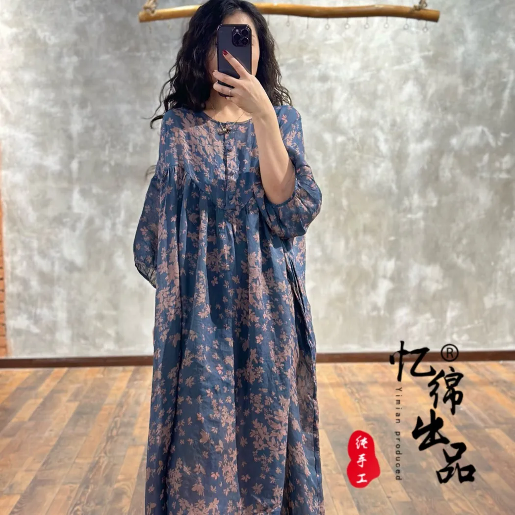 Women 2024 Spring Summer Cotton and Hemp Elegance High end Printed Loose and Slimming Large Size Casual Dress X901