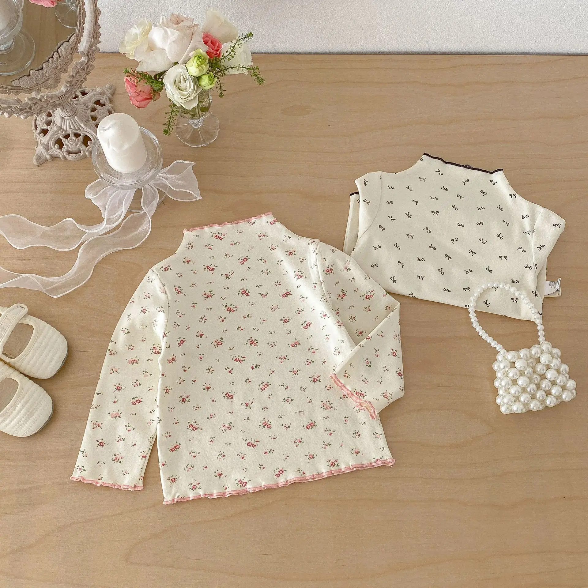Ins Spring New Girls' High Collar Black Fungal Edge Bottom Shirt, Western Style Baby Girl Floral Thin Long Sleeve Top T-shirt