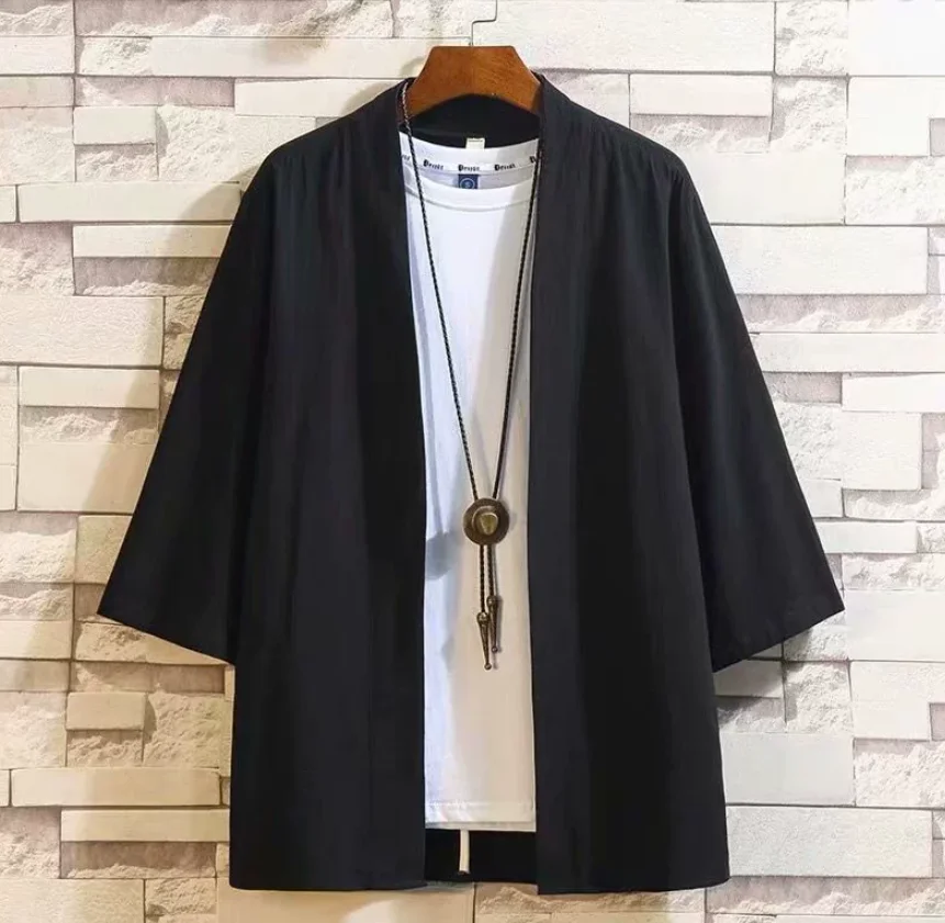 Men's Japanese Kimono Shirts Casual Open Stitch Lightweight Yukata Fashion Black Cardigan 3/4 Sleeve Outwear for Summer Vacation