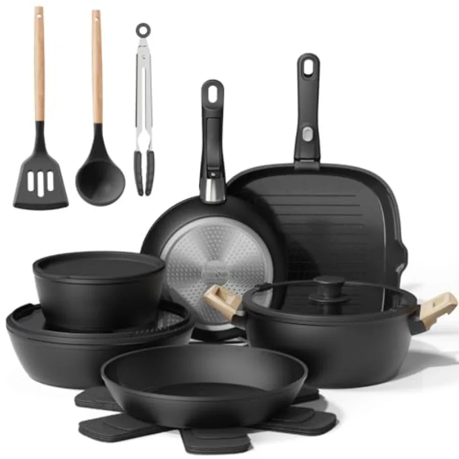 

19 Pcs Non Stick Ceramic Cookware Set with Removable Handles Black Kitchen Cookware for Induction Dishwasher and Oven Safe PFAS