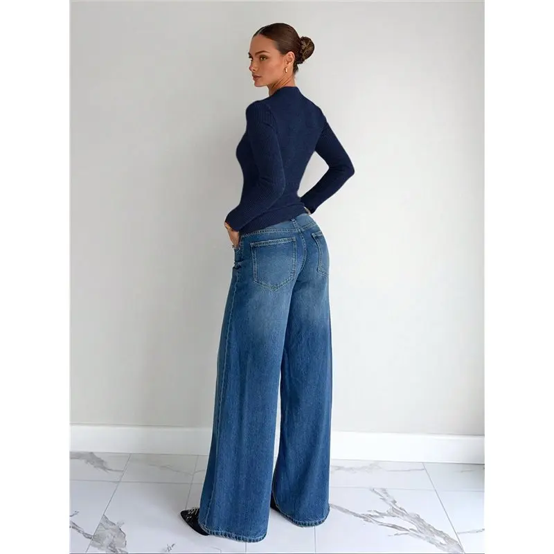 NEW-Womens Twist Metal Buckle Cutout Ribbed Slim Long Sleeve Top Navy Blue M