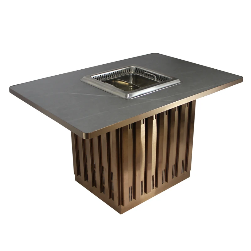 

Hot Selling Luxury Round Smokeless Shabu Shabu Hotpot Restaurant Dining Table With Stainless Steel Base