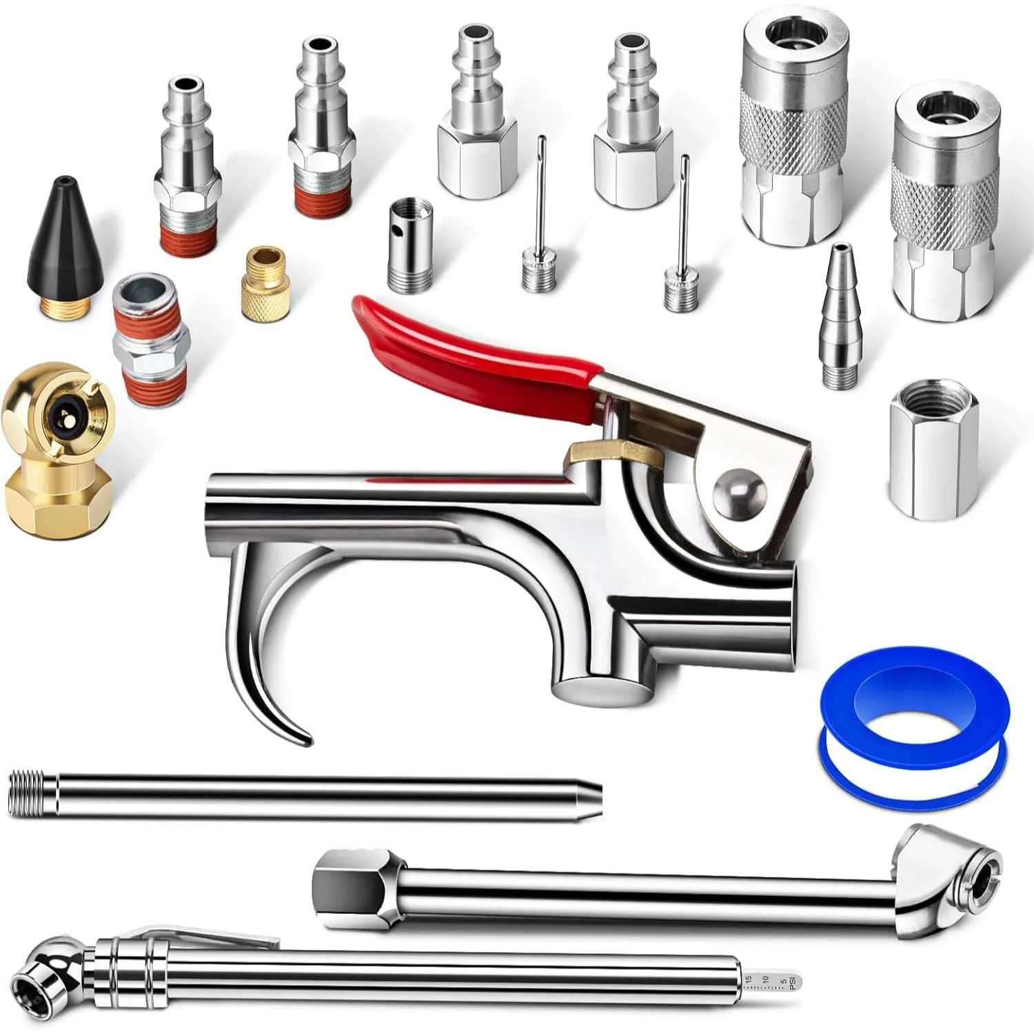 

Air Compressor Kit with 20 Pcs Air Tool Accessories, Including Quick Connect Coupler, Tire Gauge, and Nozzles for Efficient Dust
