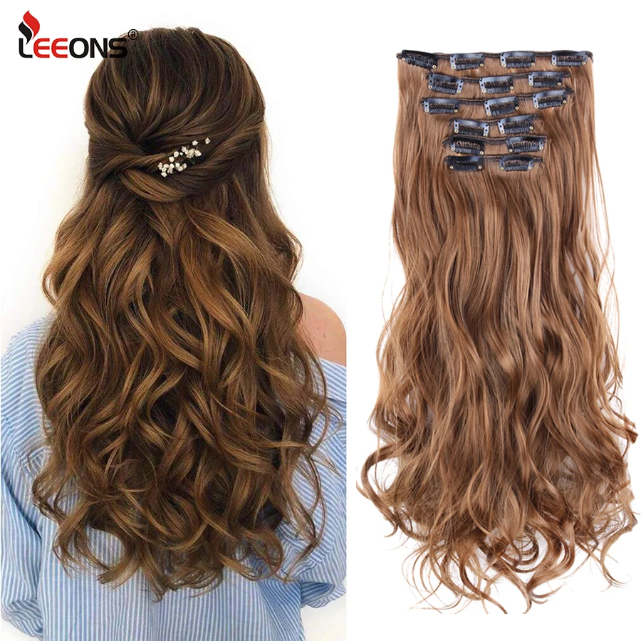 Leeons 22Inch 16 Clips in Hair Extensions Long Curly Hairstyle Synthetic Ombre Blonde Black Hairpieces Heat Resistant False Hair