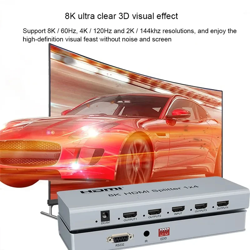 Rozgałęźnik HDMI 8K 60Hz 1x4 1 wejście 10 wyjść Rozgałęźnik wideo HDMI Konwerter audio-wideo z kamery EDID do DVD PS4 Kamera PC TV