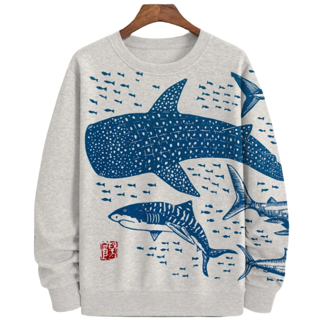 Spring Autumn Men's Ocean Fish Printed Sweatshirts Harajuku Round Neck Loose Long Sleeve Pullover Unisex Clothing Large EU Size