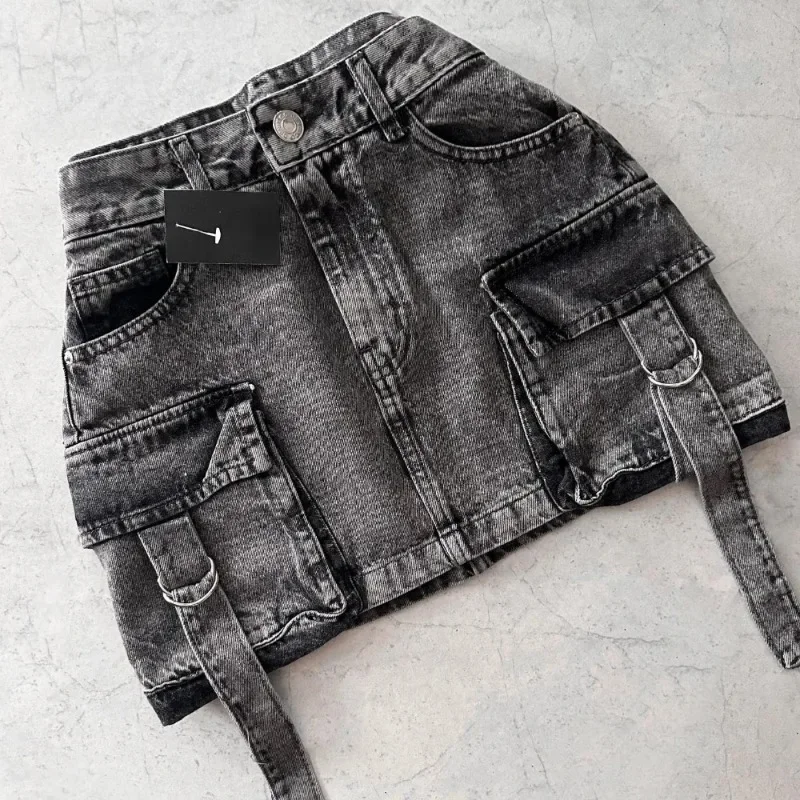 Harajuku wiele kieszeni Denim spódnica w kratę Vintage Goth czarna Y2k Mini spódniczka moda damska Casual wszechstronna seksowna odzież uliczna