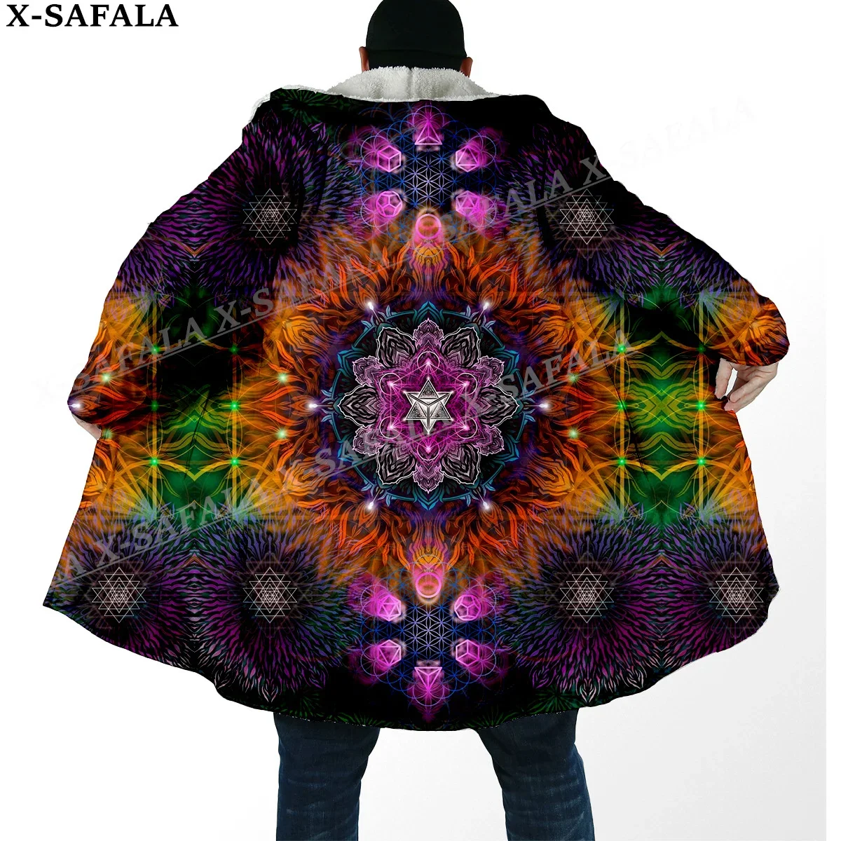 Hippie Psychedelic Colorful Trippy 3D Print Dream Cloak Thick Warm Hooded Men Overcoat Coat Windproof Fleece Cape Robe Blanket-2