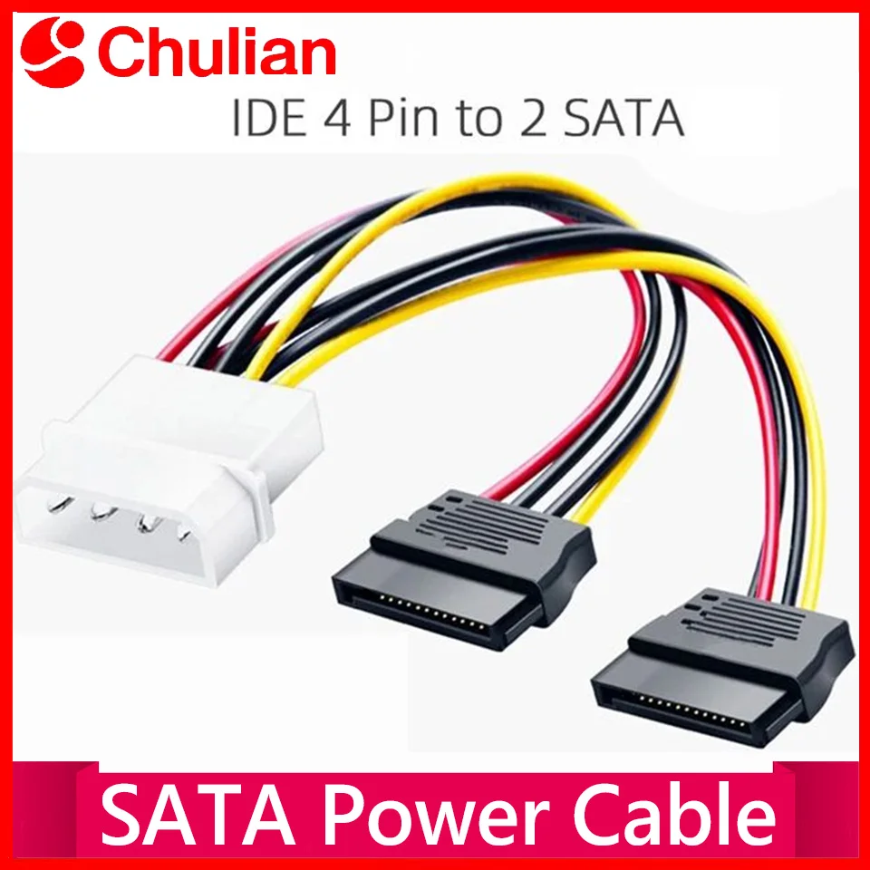 Cabo de Alimentação IDE Molex 4 pinos para 2 x SATA, Adaptador Divisor em Y para Disco Rígido, Conector de Extensão Dupla