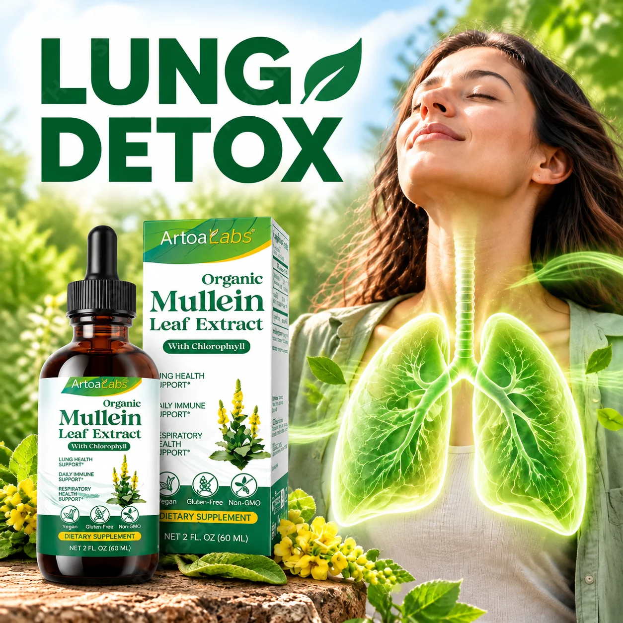 Mullein Leaf Extract Lung Detoxification Daily Breathing Containing Chlorophyll Gentle Plant Formula No Bitterness 60ml 30 Days